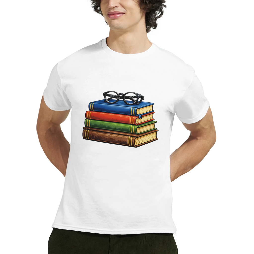 Books and Glasses Graphic T-Shirt – Premium Heavyweight Cotton Tee for Book Lovers or Teacher Gift or Student