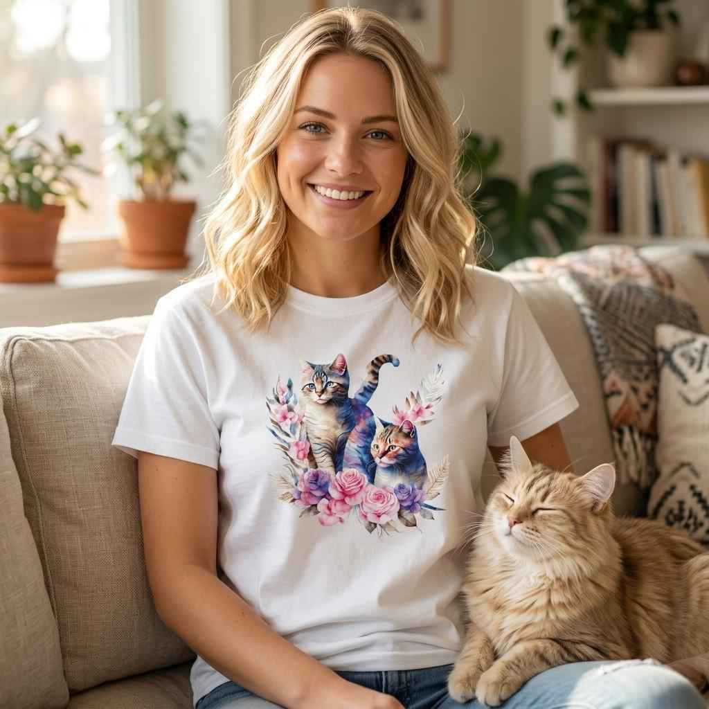 Colorful Cat Cotton T-Shirt - Premium Casual Crewneck Ideal Gift or for Cat Owners