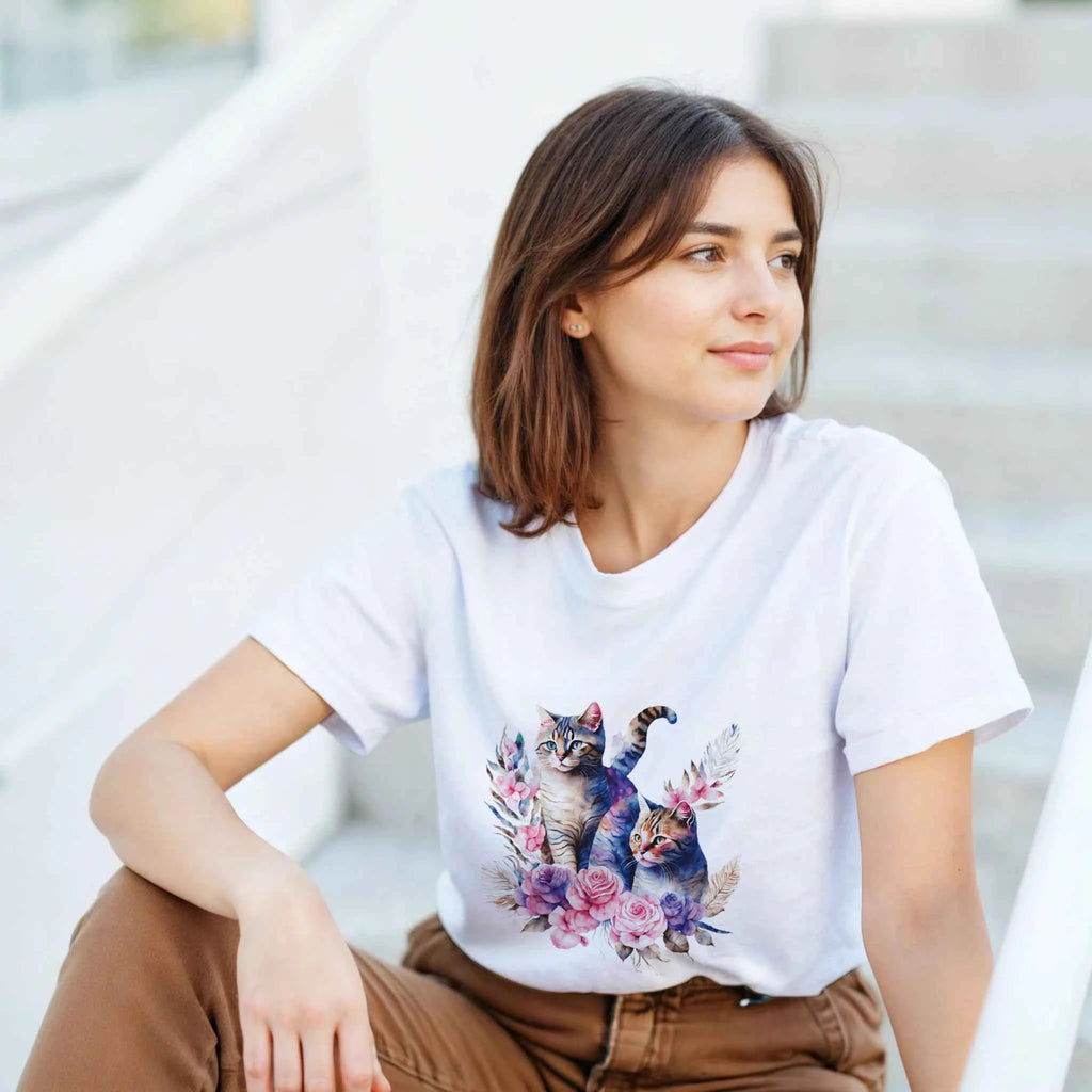 Colorful Cat Cotton T-Shirt - Premium Casual Crewneck Ideal Gift or for Cat Owners