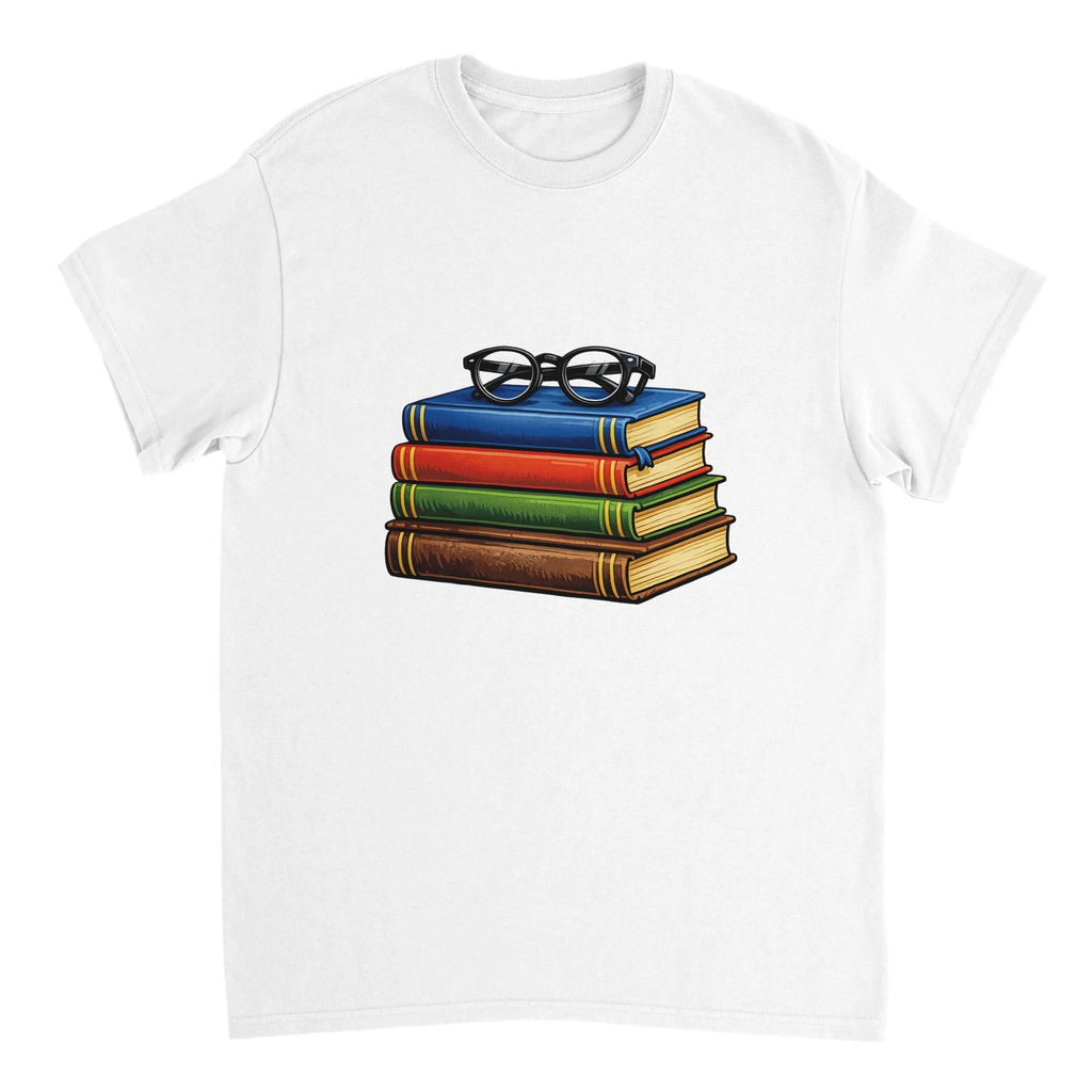 Books and Glasses Graphic T-Shirt – Premium Heavyweight Cotton Tee for Book Lovers or Teacher Gift or Student