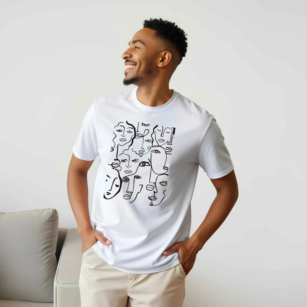 Artistic Many Faces Graphic T-Shirt - Premium Soft Ring-Spun Cotton Crewneck