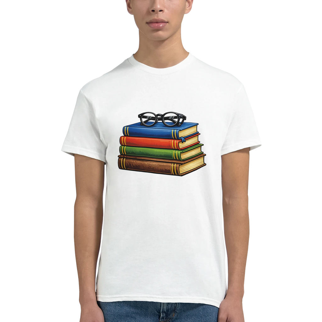 Books and Glasses Graphic T-Shirt – Premium Heavyweight Cotton Tee for Book Lovers or Teacher Gift or Student