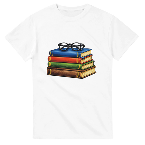 Books and Glasses Graphic T-Shirt – Premium Heavyweight Cotton Tee for Book Lovers or Teacher Gift or Student