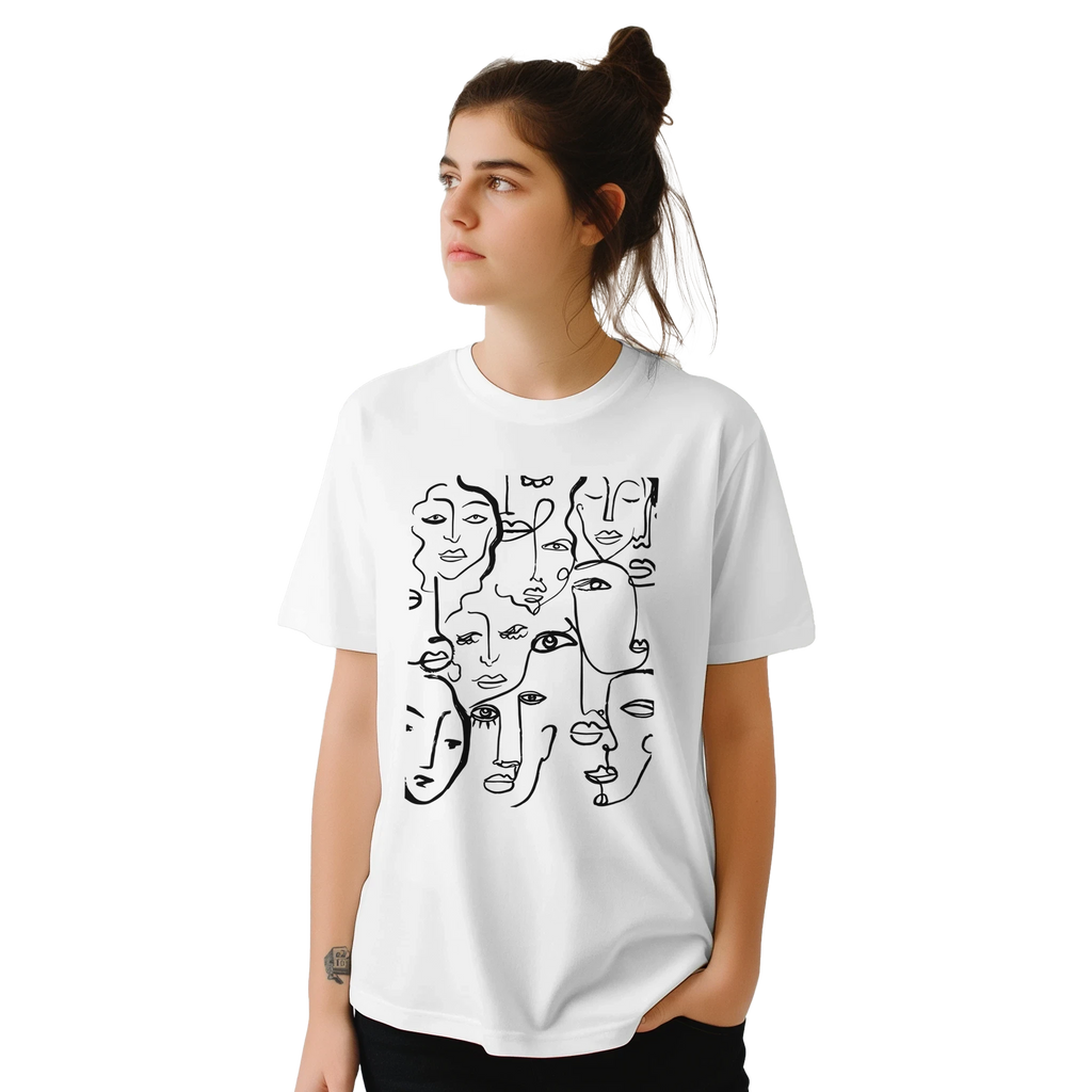 Artistic Many Faces Graphic T-Shirt - Premium Soft Ring-Spun Cotton Crewneck