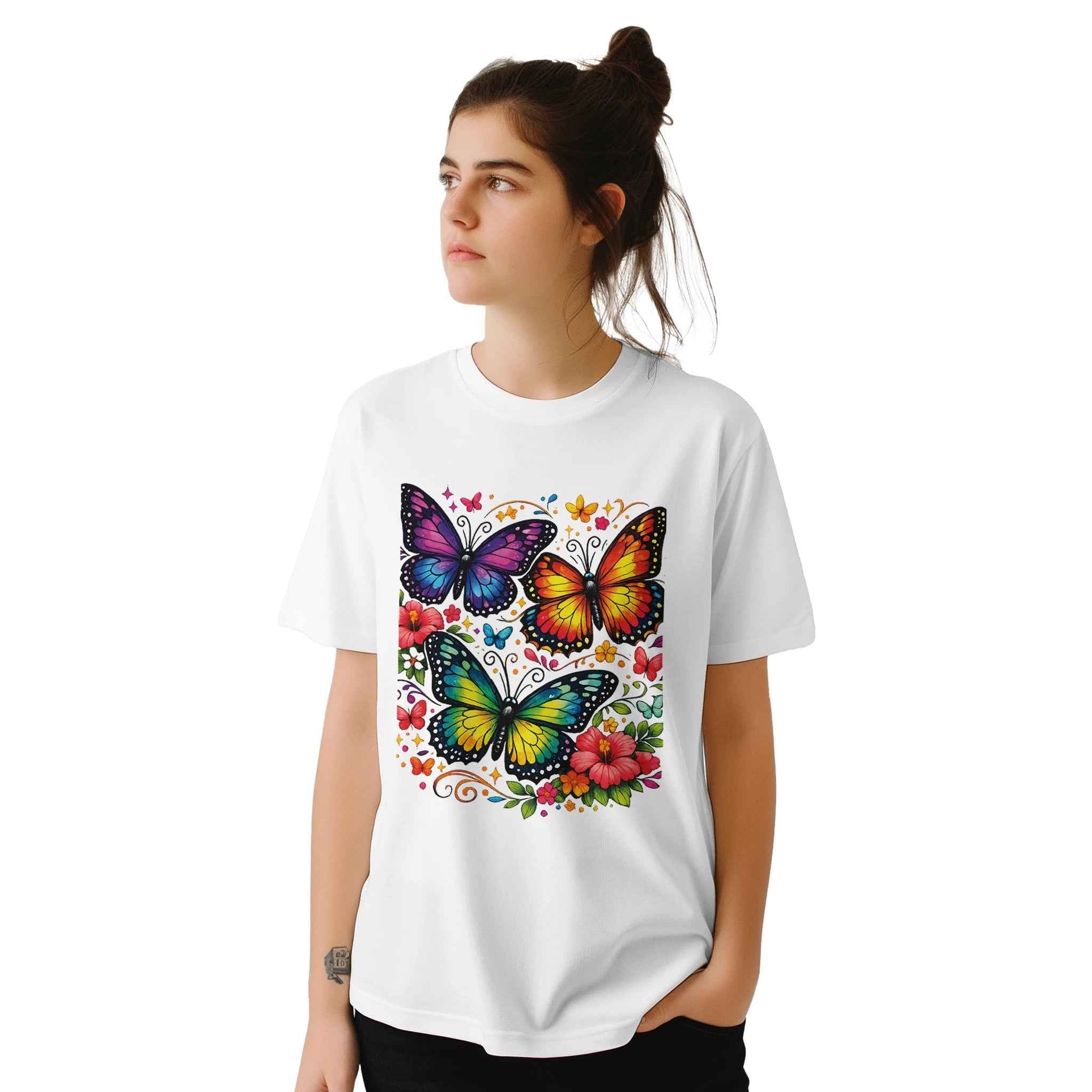Chic Colorful Butterfly Graphic T-Shirt - 100% Cotton Summer Tee