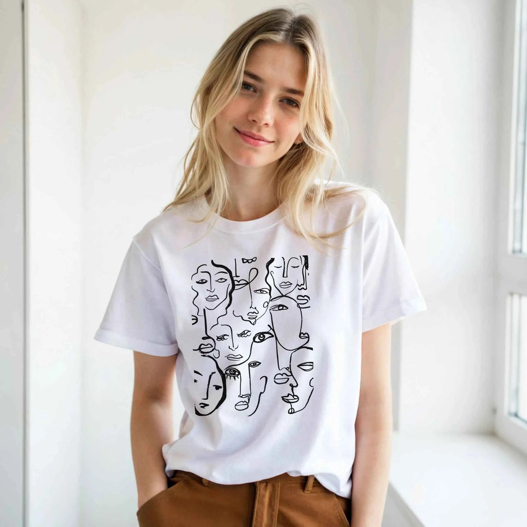 Artistic Many Faces Graphic T-Shirt - Premium Soft Ring-Spun Cotton Crewneck