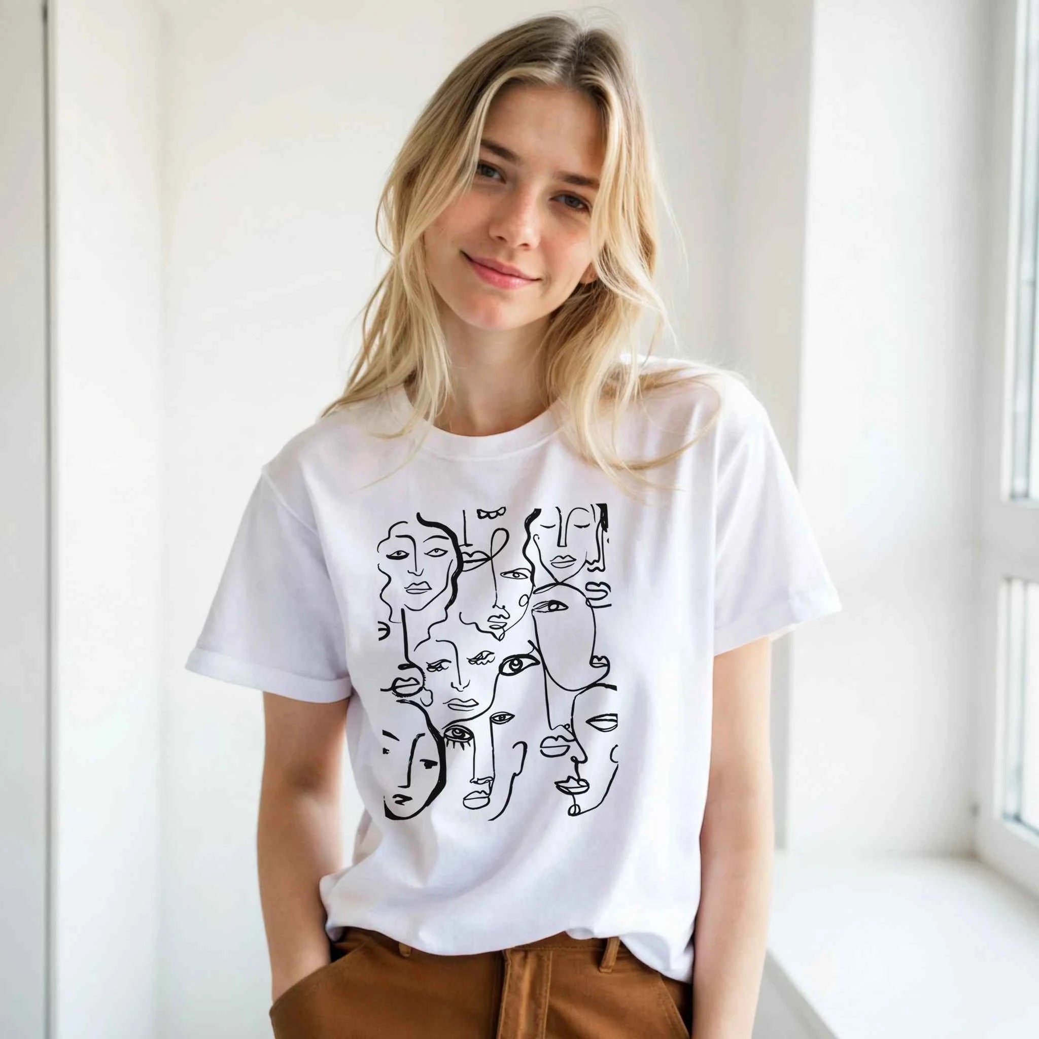Artistic Many Faces Graphic T-Shirt - Premium Soft Ring-Spun Cotton Crewneck