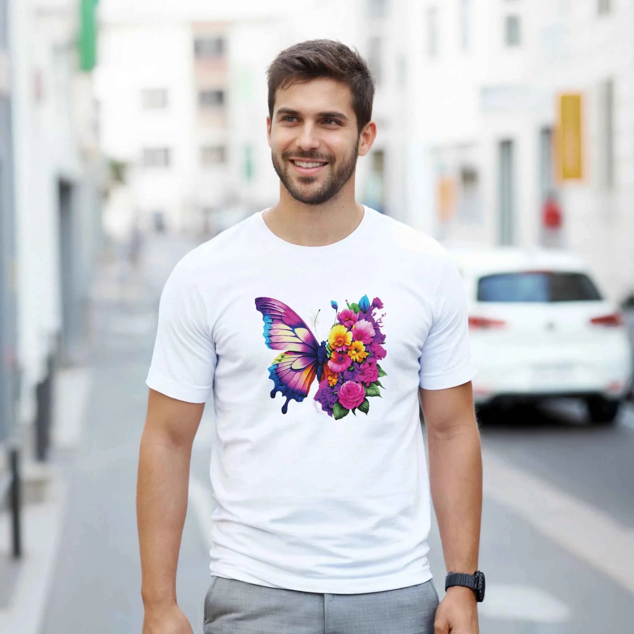 Butterfly and Flower Summer Bright T-Shirt – Casual Graphic Tee