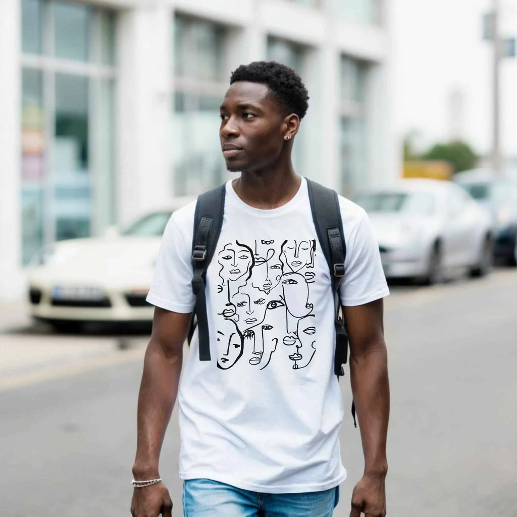 Artistic Many Faces Graphic T-Shirt - Premium Soft Ring-Spun Cotton Crewneck