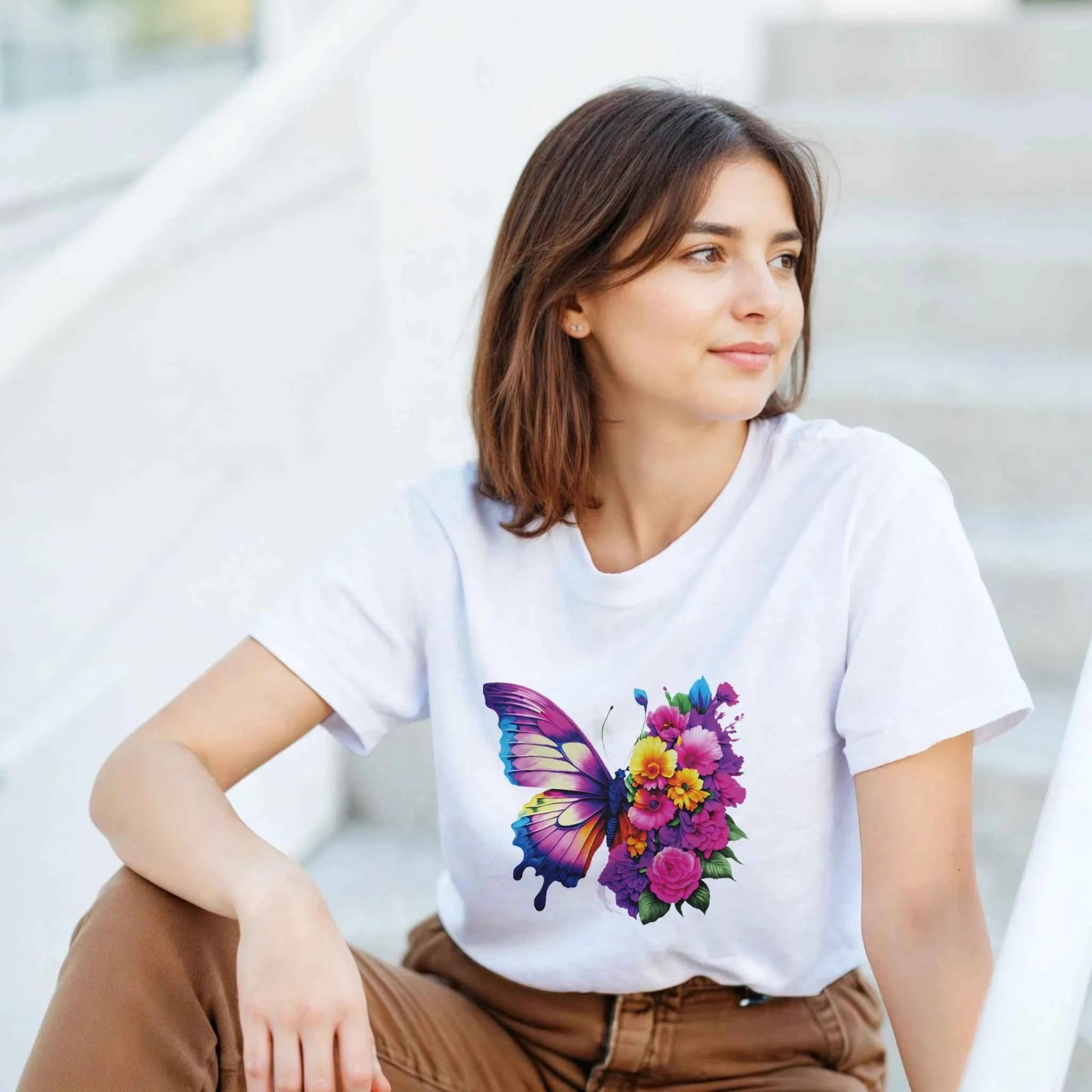 Butterfly and Flower Summer Bright T-Shirt – Casual Graphic Tee