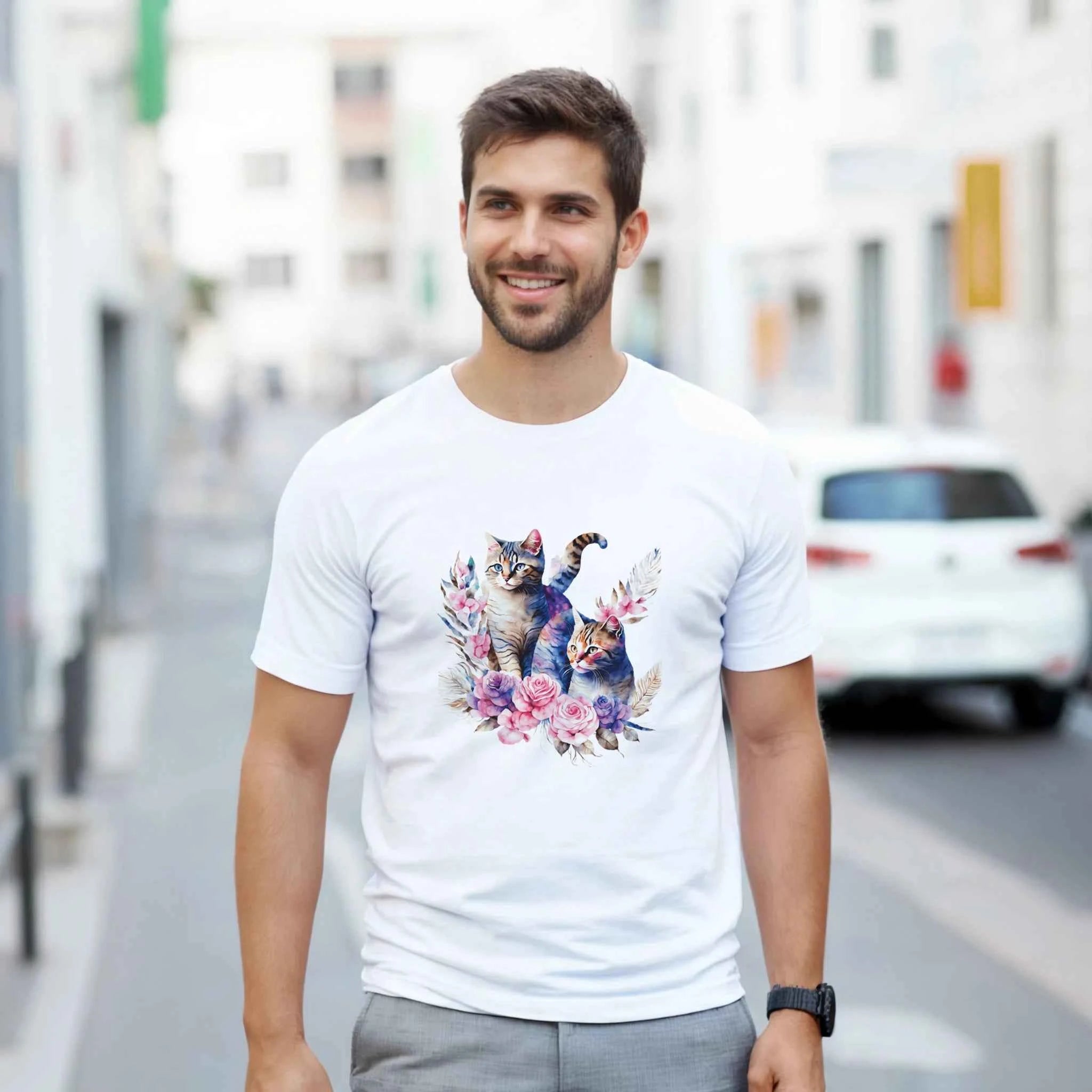 Colorful Cat Cotton T-Shirt - Premium Casual Crewneck Ideal Gift or for Cat Owners
